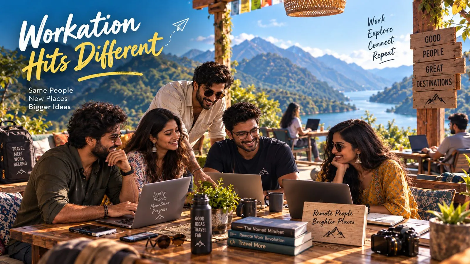 Friends working together from a mountain café