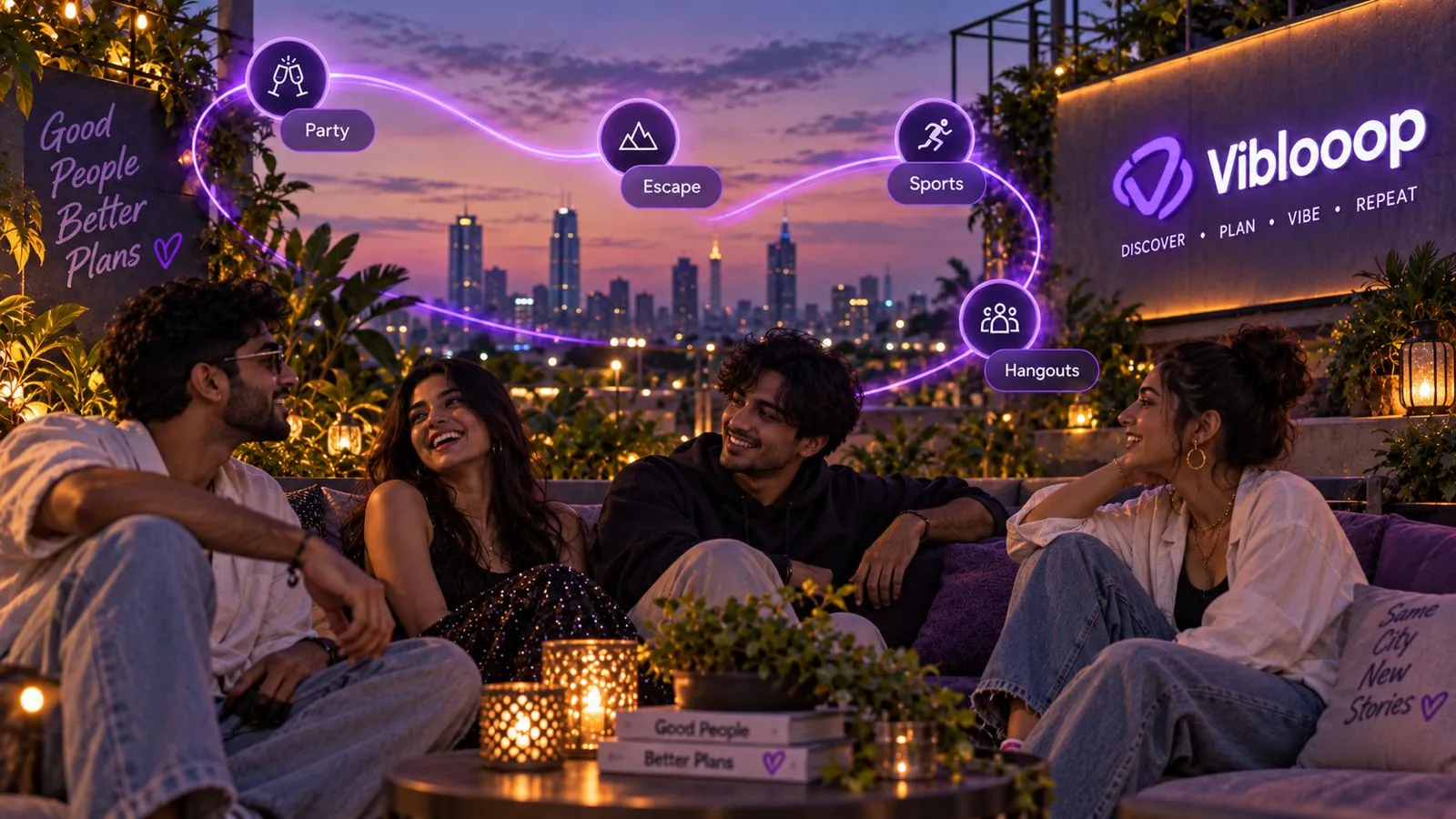 Friends making plans together on a rooftop at sunset